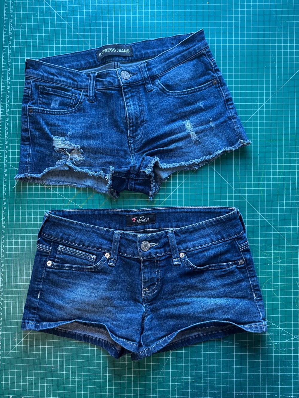 2 pair Express & Guess Women’s Blue Distressed Denim Short Shorts